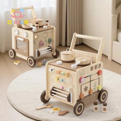4-in-1 Wooden Baby Walker with Pretend Kitchen & Montessori Activity Center