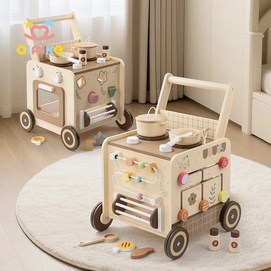 4-in-1 Wooden Baby Walker with Pretend Kitchen & Montessori Activity Center