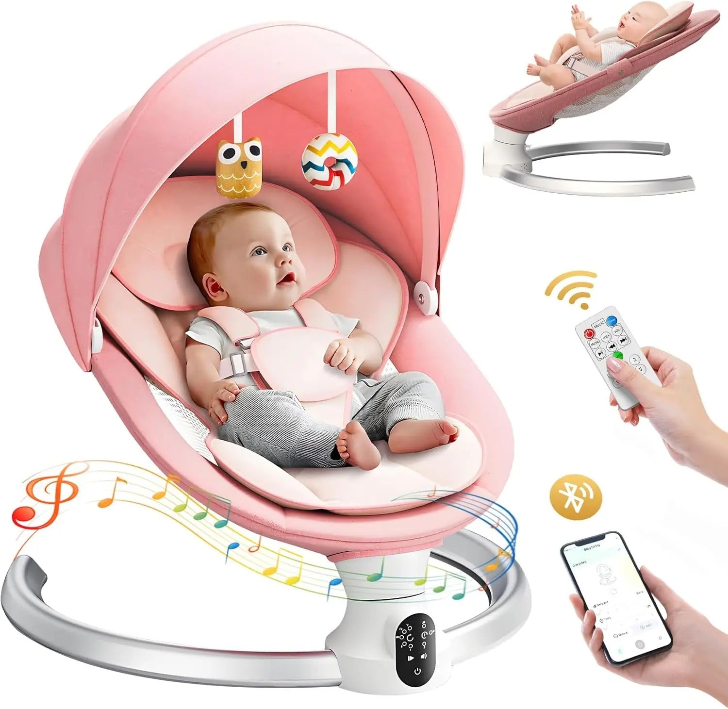 A pink automatic baby swing with a canopy features a baby looking at a yellow owl and colorful zig-zag hanging toys, with insets demonstrating remote control, smartphone app connectivity, and adjustable recline