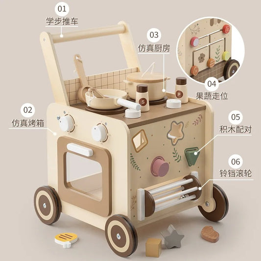 4-in-1 Wooden Baby Walker with Pretend Kitchen & Montessori Activity Center