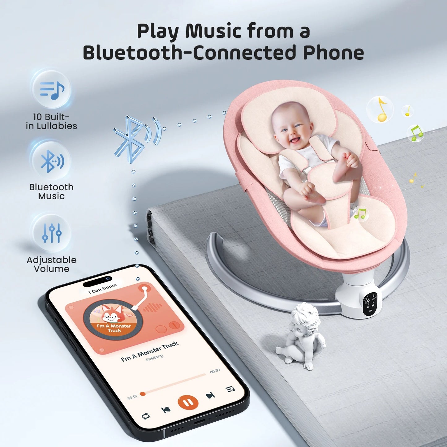 Digital advertisement showcasing a joyful baby in a pink and beige Bluetooth-enabled bouncer, a smartphone playing "I'm A Monster Truck" by Pinkfong with floating musical notes, and a small white cherub figurine