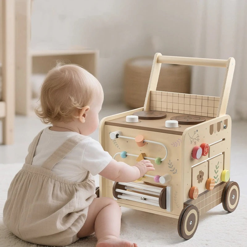4-in-1 Wooden Baby Walker with Pretend Kitchen & Montessori Activity Center