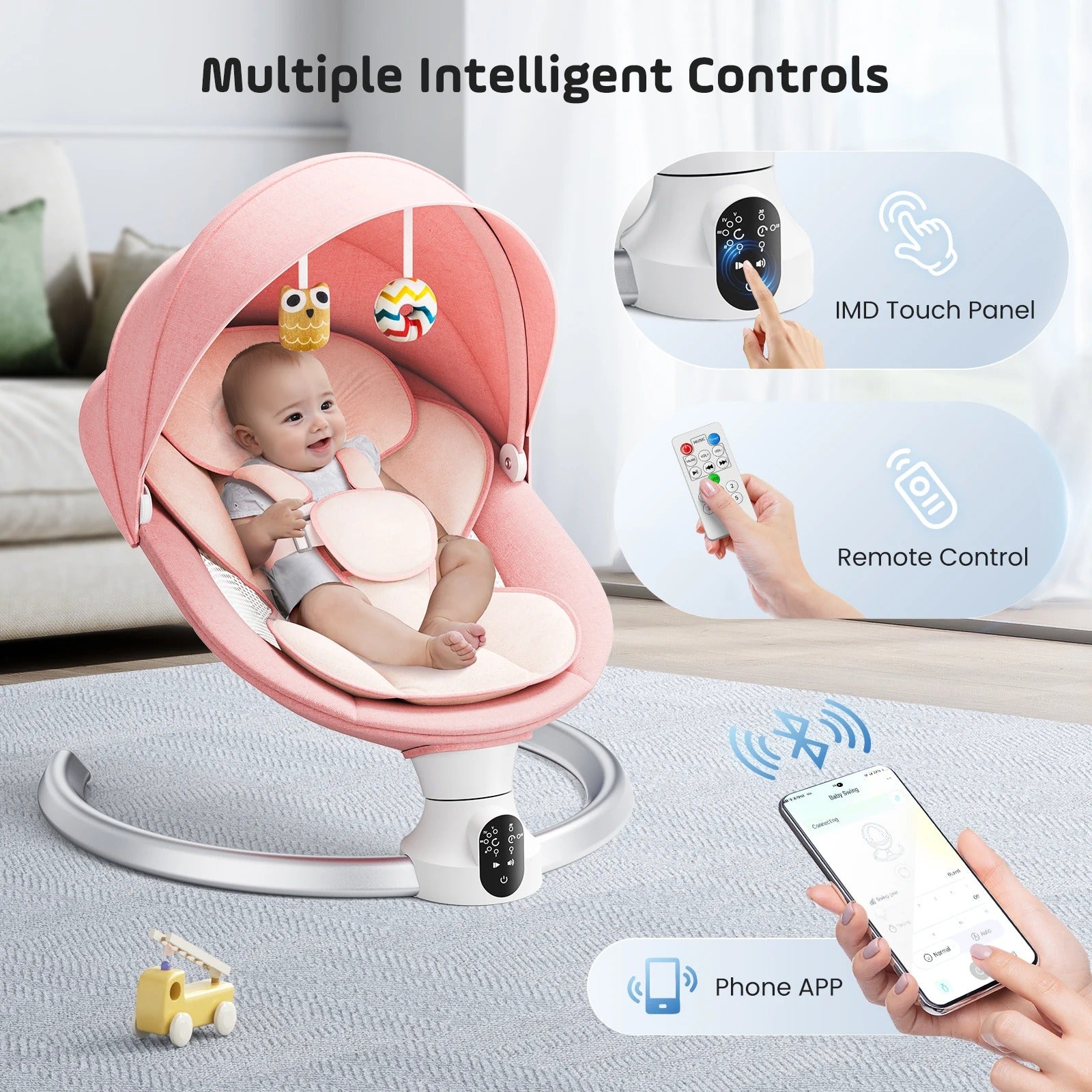 A smiling baby in a pink baby swing with a canopy, hanging owl and colorful ball toys, set in a modern indoor room and illustrating intelligent controls via IMD touch panel, remote, and phone app