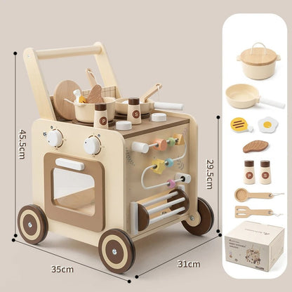 4-in-1 Wooden Baby Walker with Pretend Kitchen & Montessori Activity Center