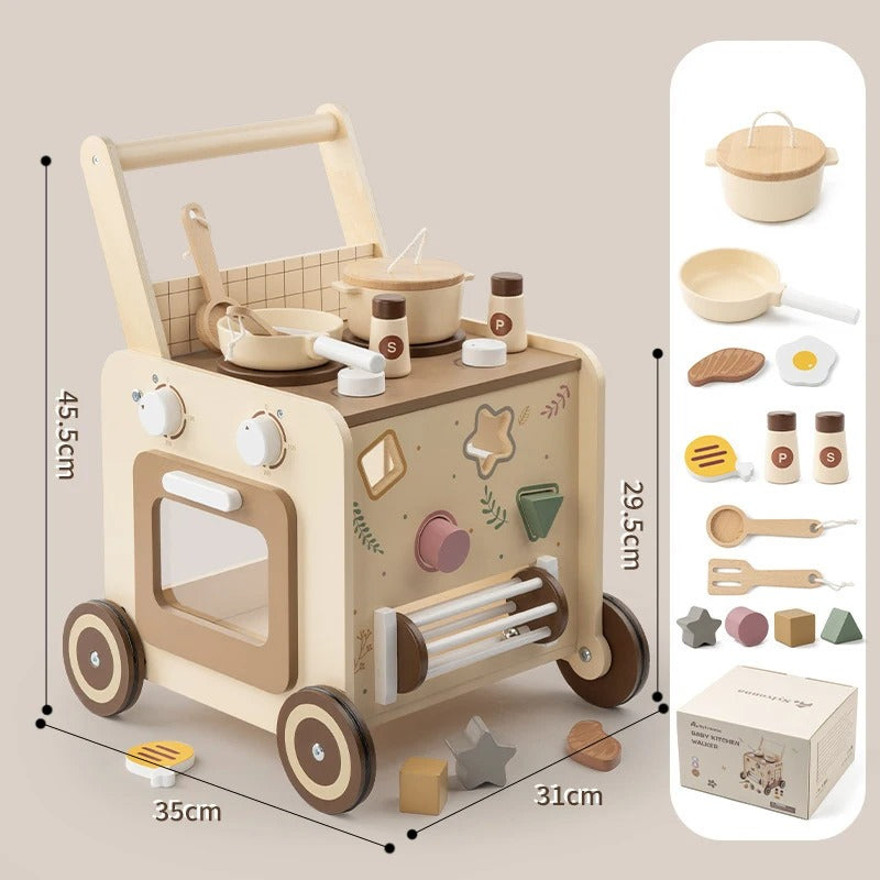 4-in-1 Wooden Baby Walker with Pretend Kitchen & Montessori Activity Center