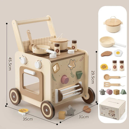 4-in-1 Wooden Baby Walker with Pretend Kitchen & Montessori Activity Center