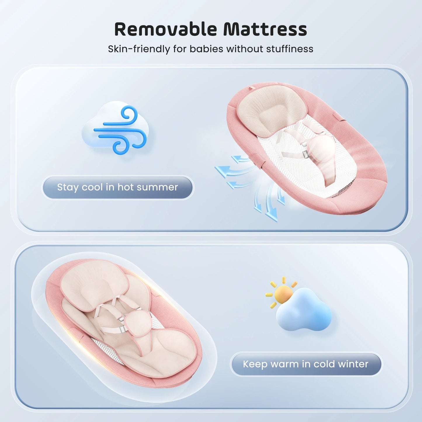 Digital render of a pink baby bouncer with a removable beige mattress depicted in an infographic, highlighting summer cooling with white mesh and a blue wind icon, and winter warmth with a padded insert and a sun and cloud icon