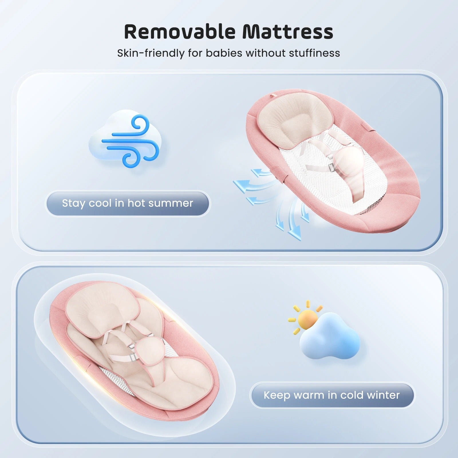 Digital render of a pink baby bouncer with a removable beige mattress depicted in an infographic, highlighting summer cooling with white mesh and a blue wind icon, and winter warmth with a padded insert and a sun and cloud icon