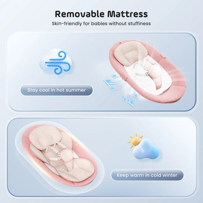 Digital render of a pink baby bouncer with a removable beige mattress depicted in an infographic, highlighting summer cooling with white mesh and a blue wind icon, and winter warmth with a padded insert and a sun and cloud icon