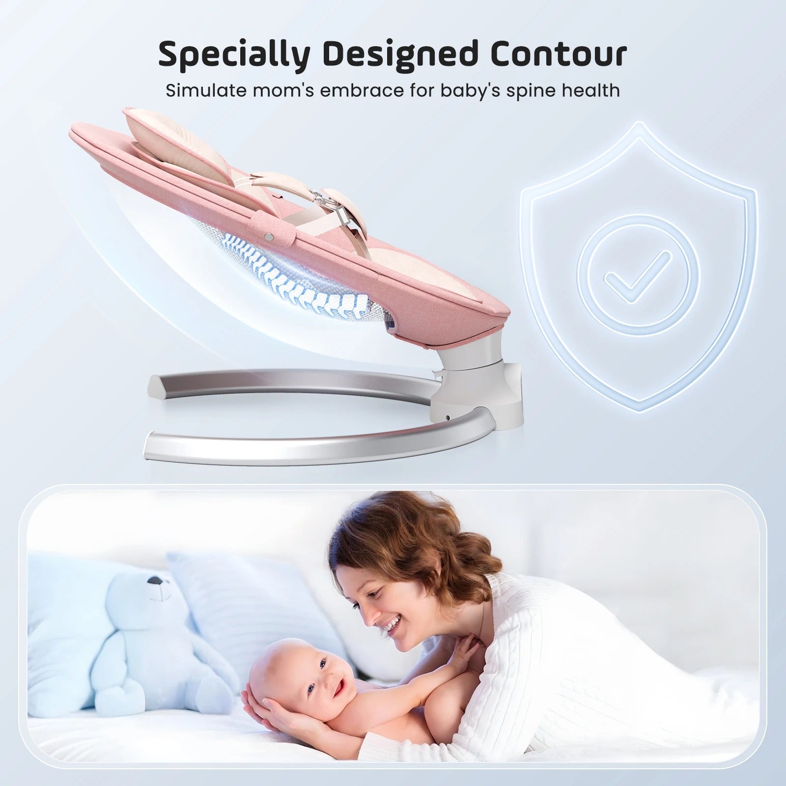 A pink contoured baby bouncer displaying a blue spine health graphic alongside a smiling mother holding her happy baby with a light blue teddy bear